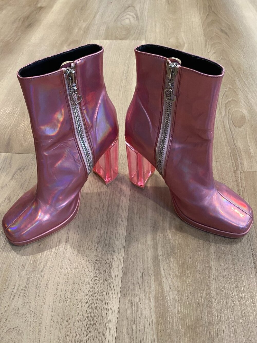 Sugar Thrillz Pink Holographic Ankle Boots Lucite Heel Barbiecore Size 6 / 5.5